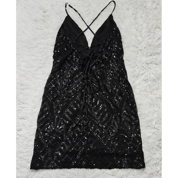 Lulus Women's Sz S Black Sequin Sleeveless‎ Plunge Neck Sexy Mini Dress Clubwear - Picture 5 of 10